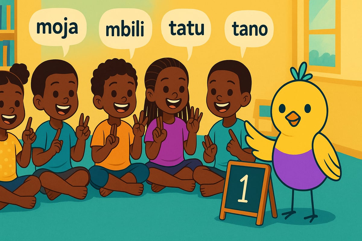Children learning to count in Kiswahili with Paji mascot